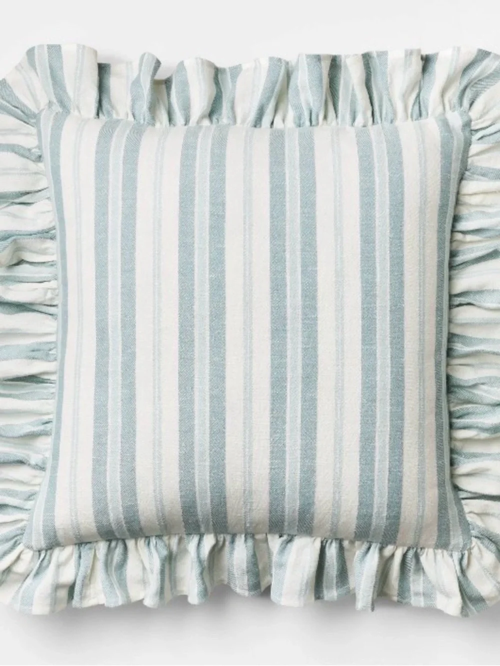 Threshold Square Striped Ruffle Decorative Throw Pillow in Light Blue and ivory